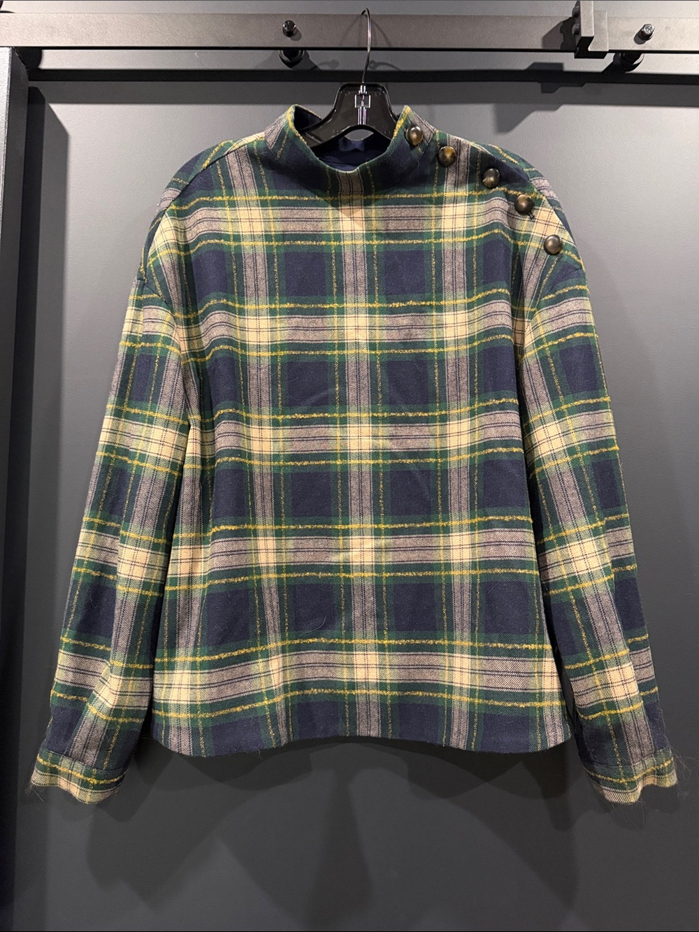Men's Navy & Green Plaid Button-Shoulder Sweater